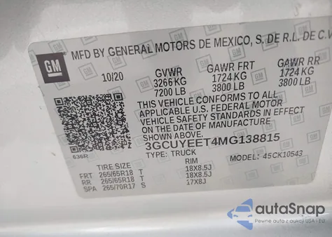 2021 Chevrolet Silverado 1500 4Wd Short Bed Rst z USA, uszkodzony, nr VIN 3GCUYEET4MG138815